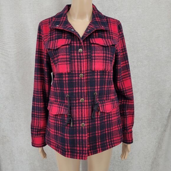 Levi's Red Black Plaid Wool Blend Cinch Waist Jacket Coat Women's XS Cabincore - Picture 2 of 11